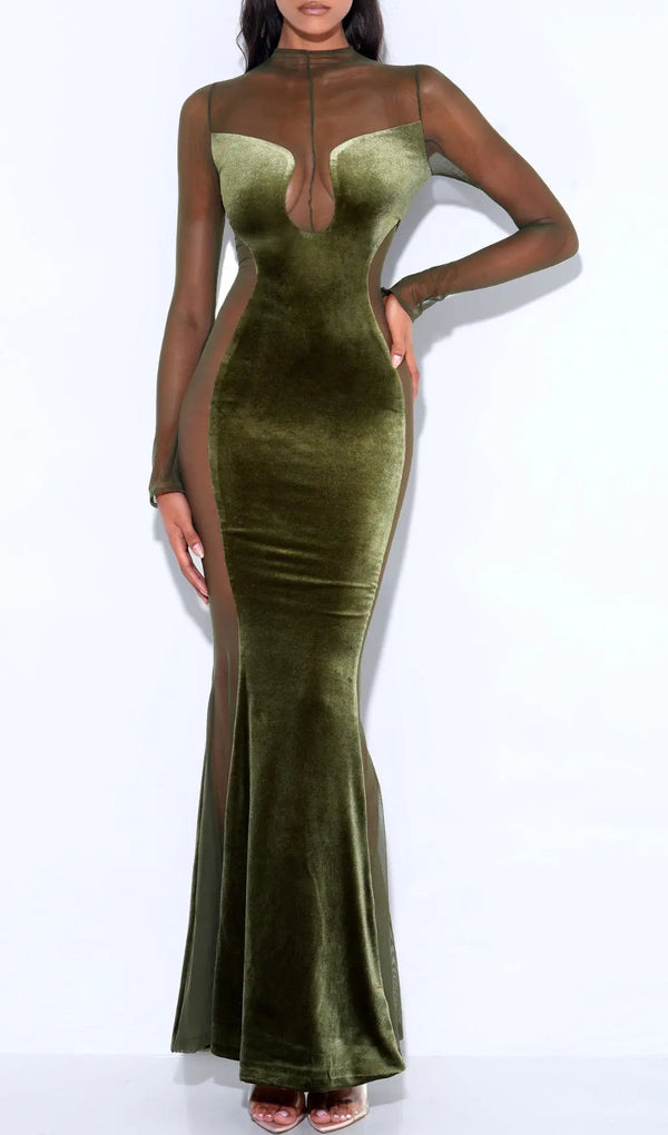 ADDISYN OLIVE GREEN VELVET MESH GOWN MISS LEE LABEL