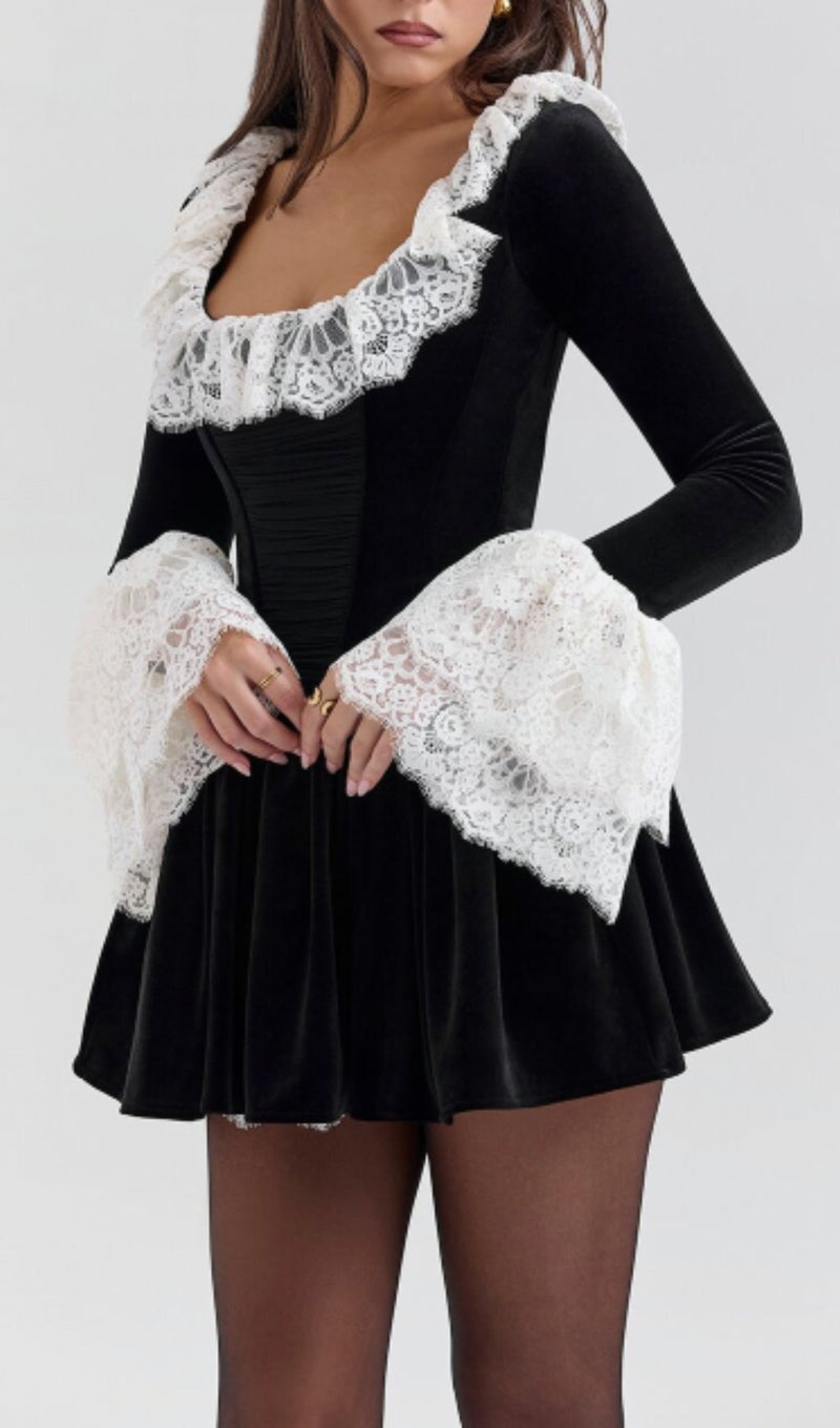 COY BLACK LONG SLEEVE LACE VELVET MINI DRESS MISS LEE LABEL