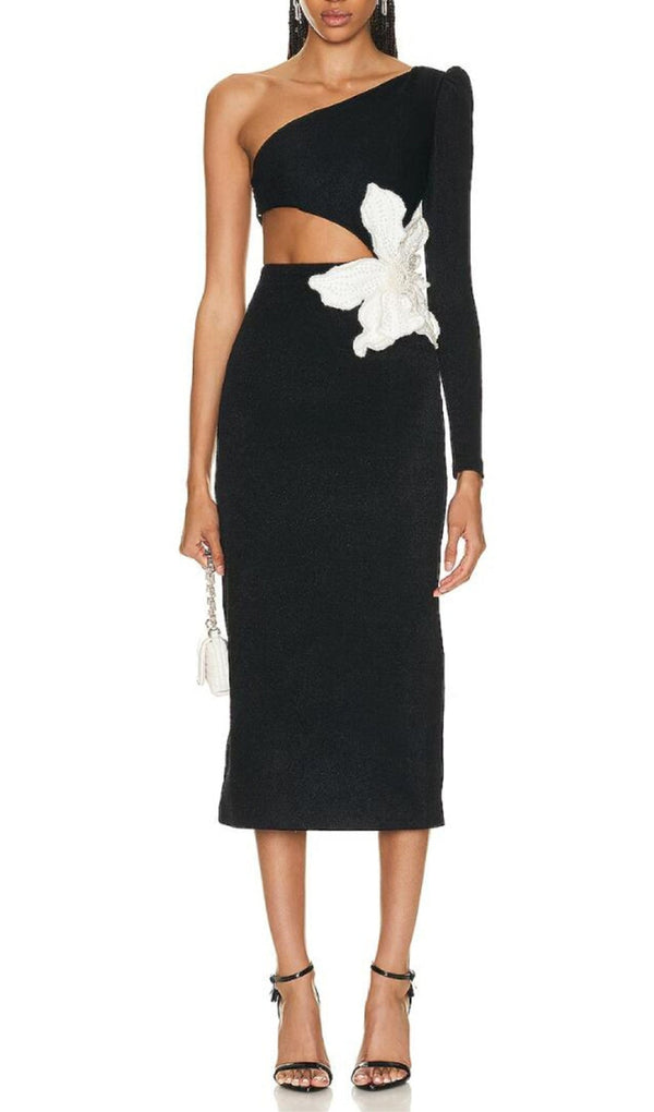 ALIYAH BLACK FLOWER BANDAGE MIDI DRESS MISS LEE LABEL