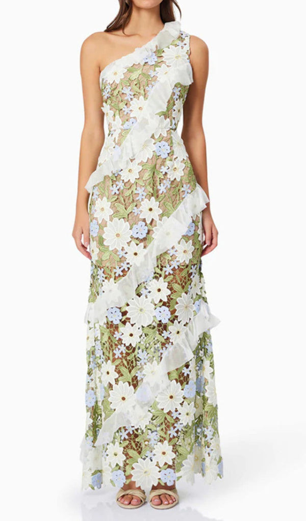 CADEN FLOWER EMBROIDERY ONE-SHOULDER MAXI DRESS MISS LEE LABEL